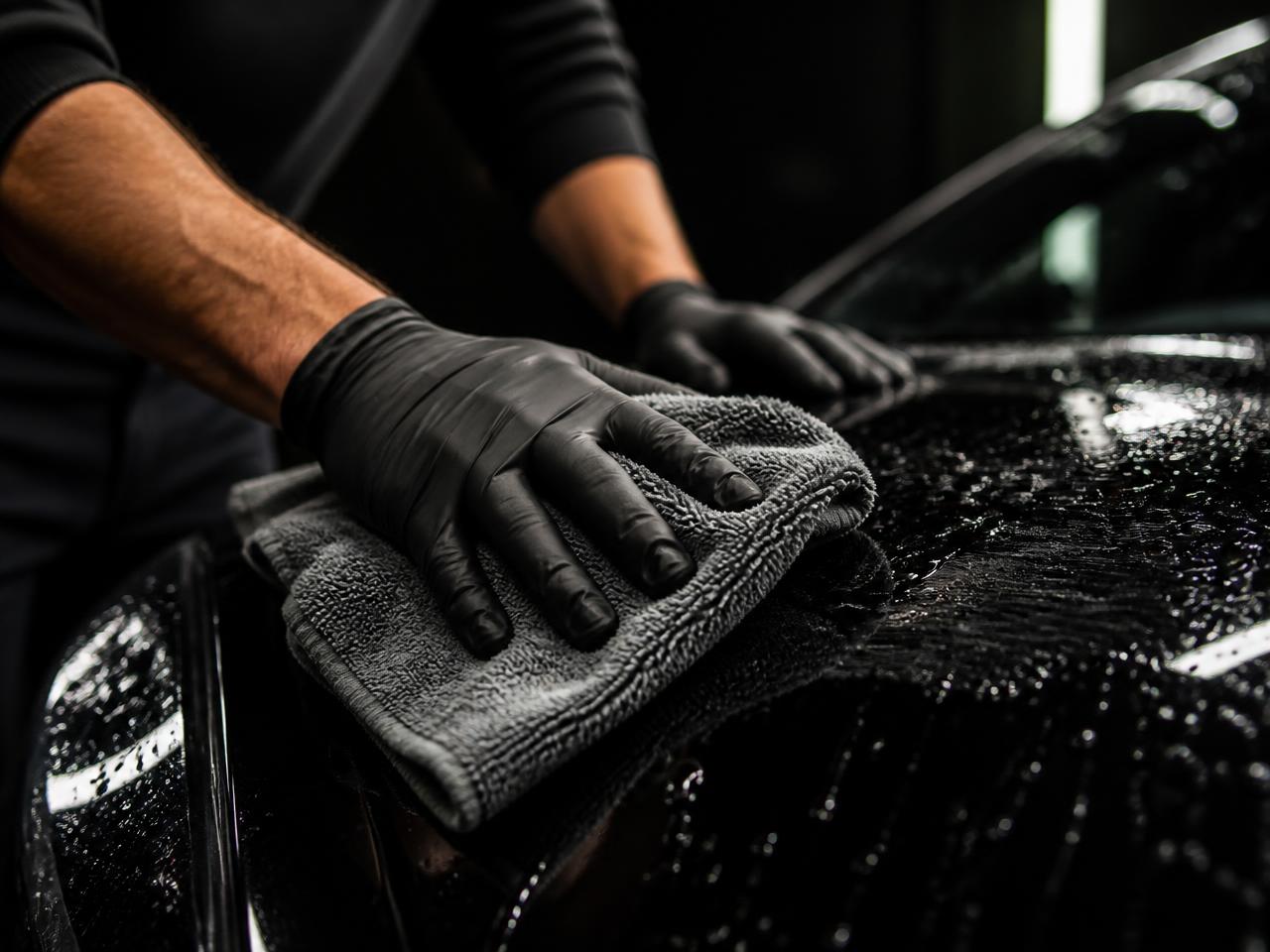 Detailer polishing paint by hand during a mobile detailing job